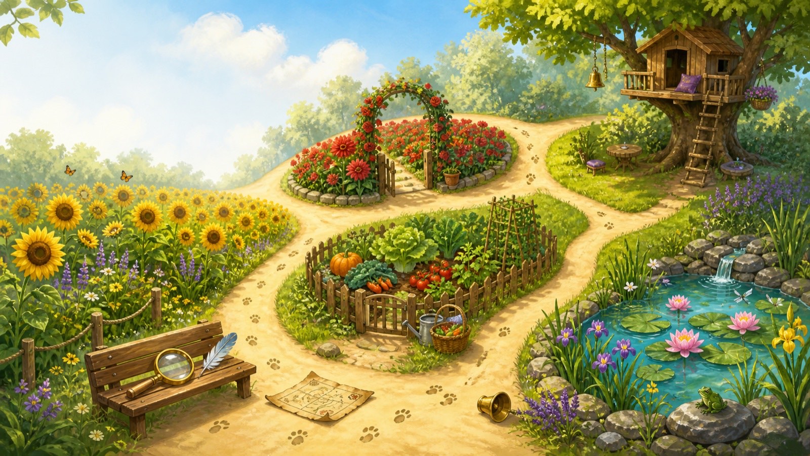 Illustrated Phonics Garden with a sunflower trail, flower gate, vegetable patch, lily pond, and treehouse connected by paths