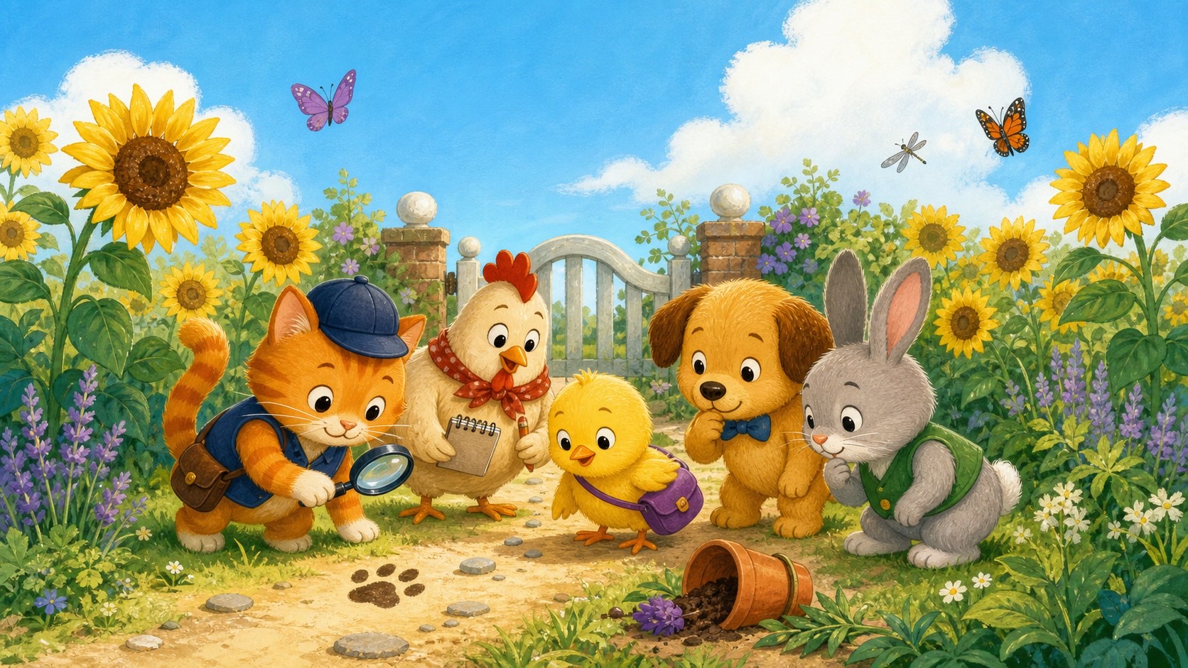 Sam, Meg, Pip, Dot, and Gus following clues in a sunflower garden