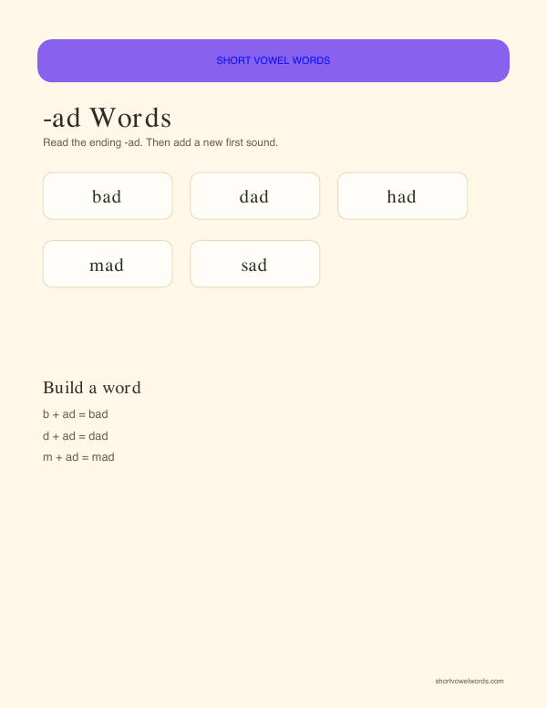 Preview of -ad Words printable
