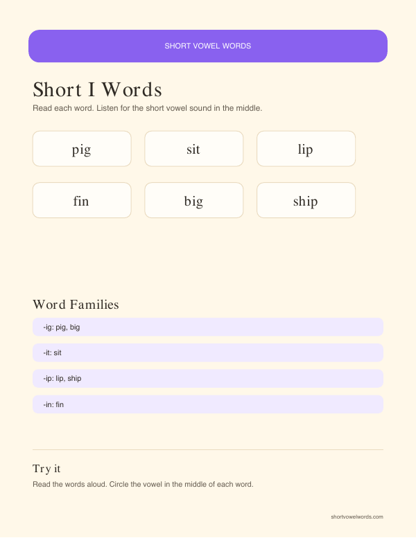 Preview of Short I Words printable