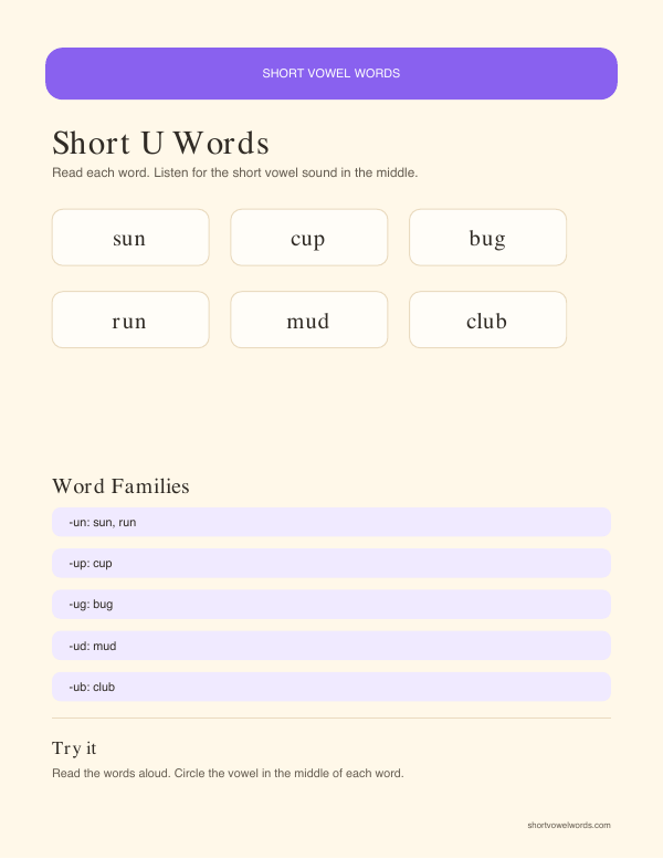 Preview of Short U Words printable